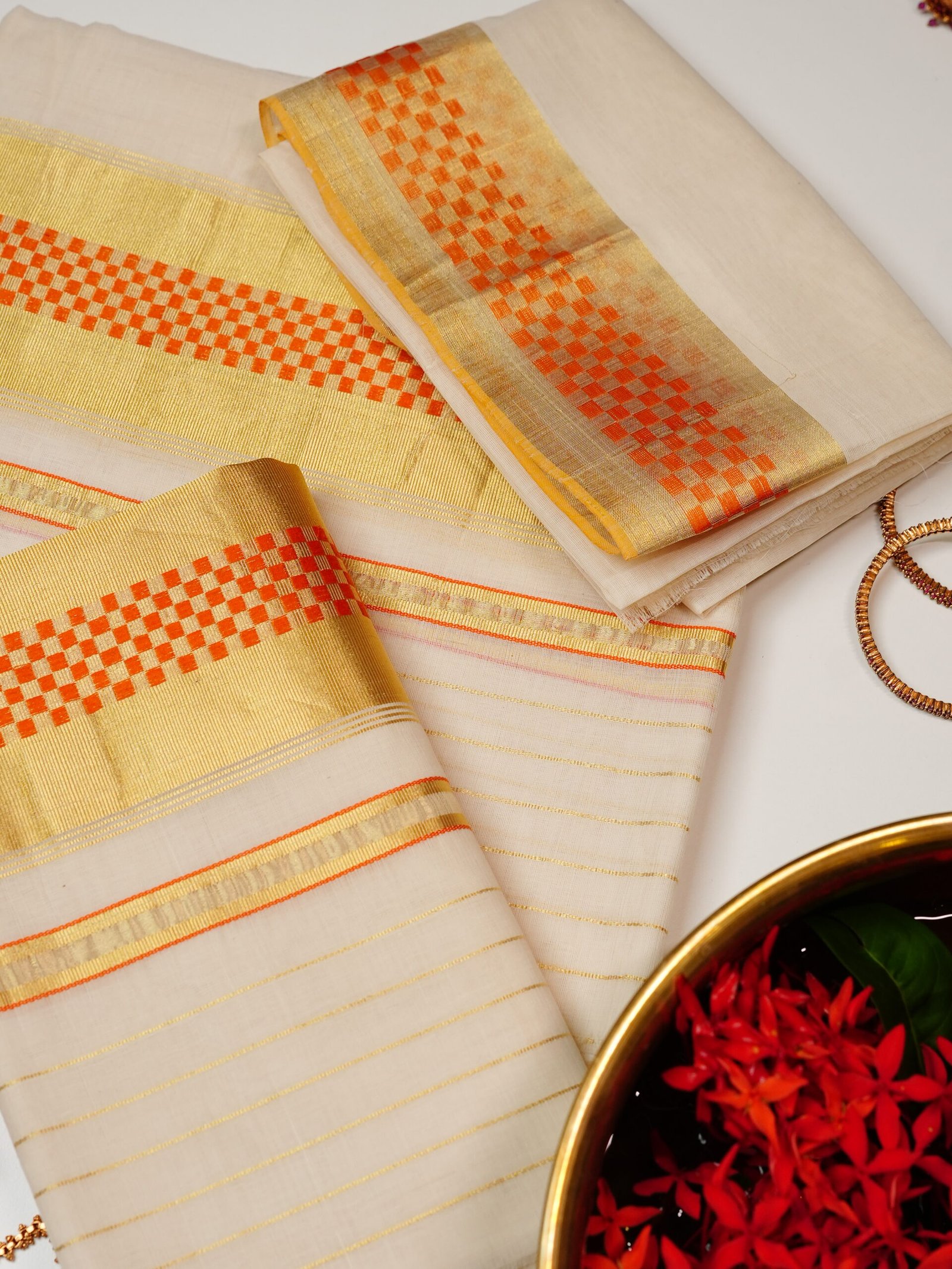 Orange Checks Pure Handloom Set Mundu - Image 5