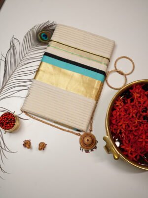 Turquoise Blue & Black Golden Kasavu Pure Handloom Set Saree
