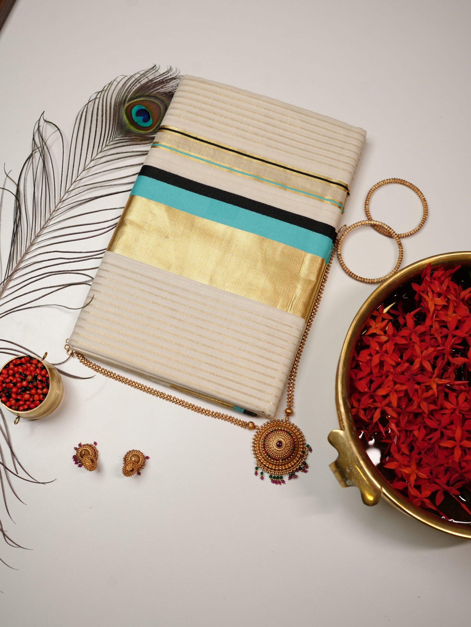 Turquoise Blue & Black Golden Kasavu Pure Handloom Set Saree
