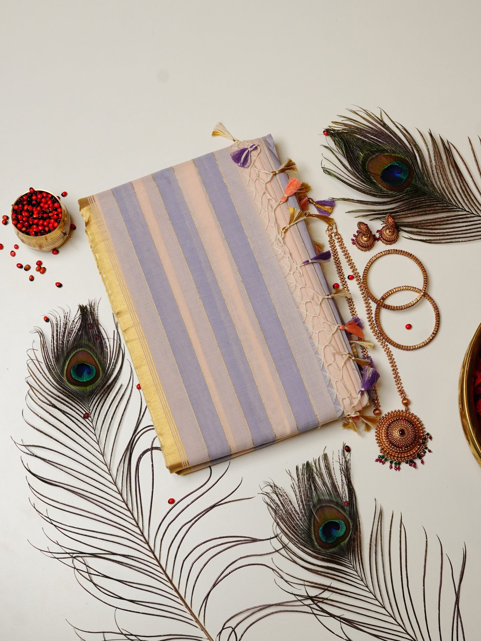 Lavender & Peach Golden Stripe Pure Handloom Set Saree
