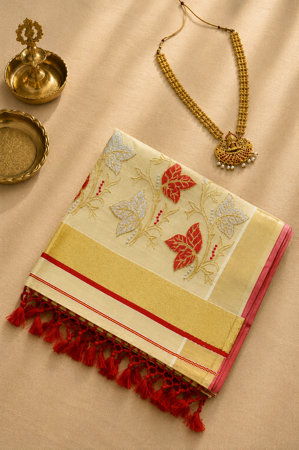 Red Power Loom Set Saree - Image 2