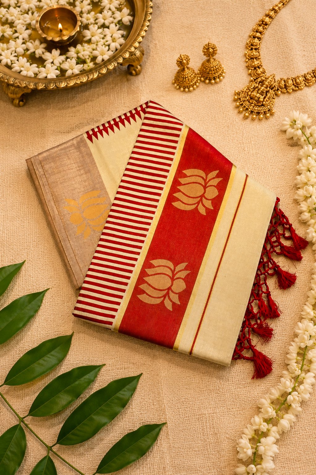 Red Golden Tissue Power Loom Set Saree - Image 2
