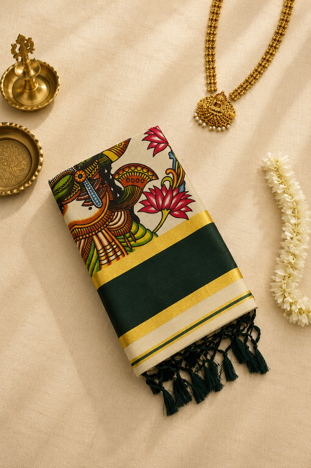 Bottle Green Power Loom Set Saree