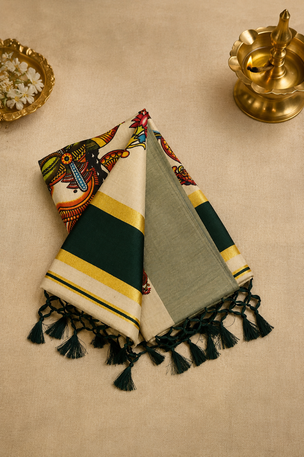 Bottle Green Power Loom Set Saree - Image 3