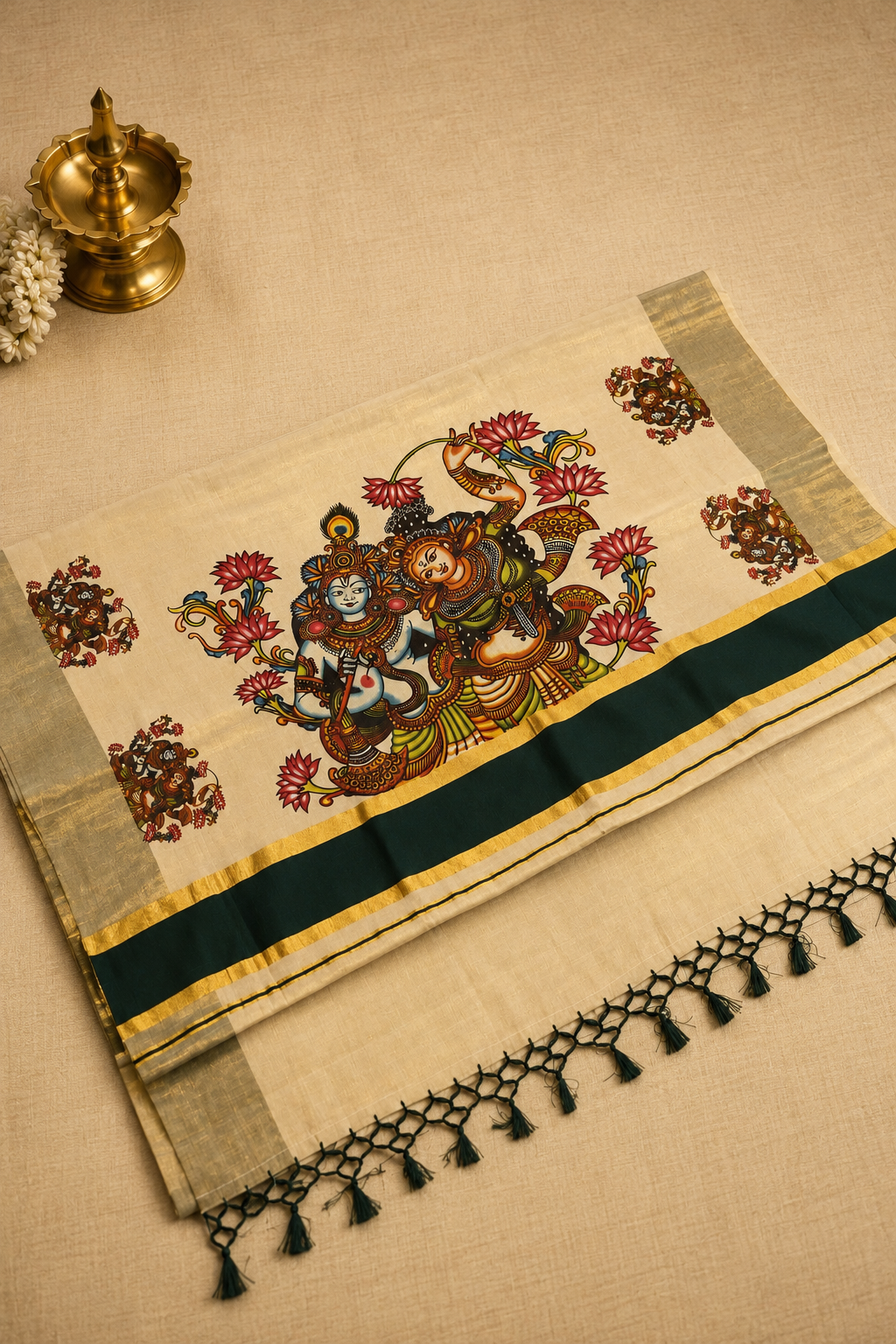 Bottle Green Power Loom Set Saree - Image 2