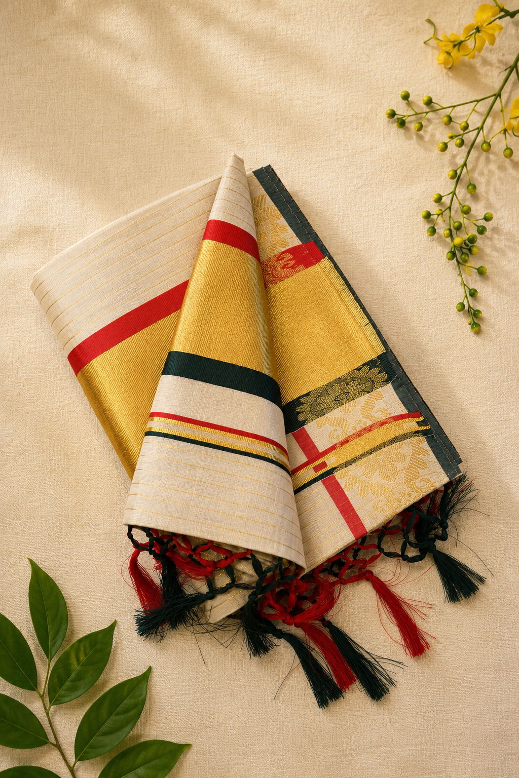 Bottle Green & Red Power Loom Set Saree - Image 2