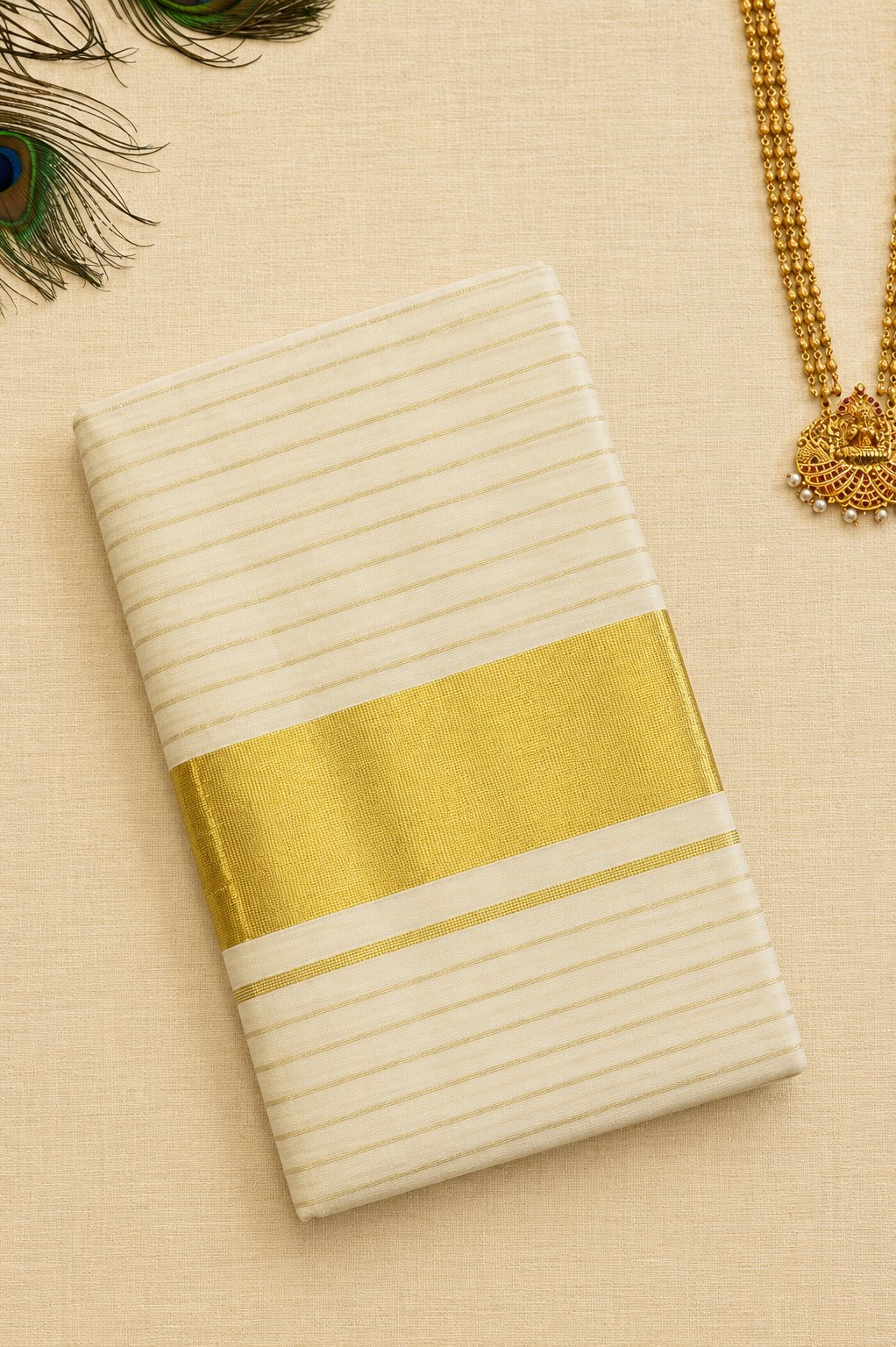 Golden Stripe Power Loom Set Saree