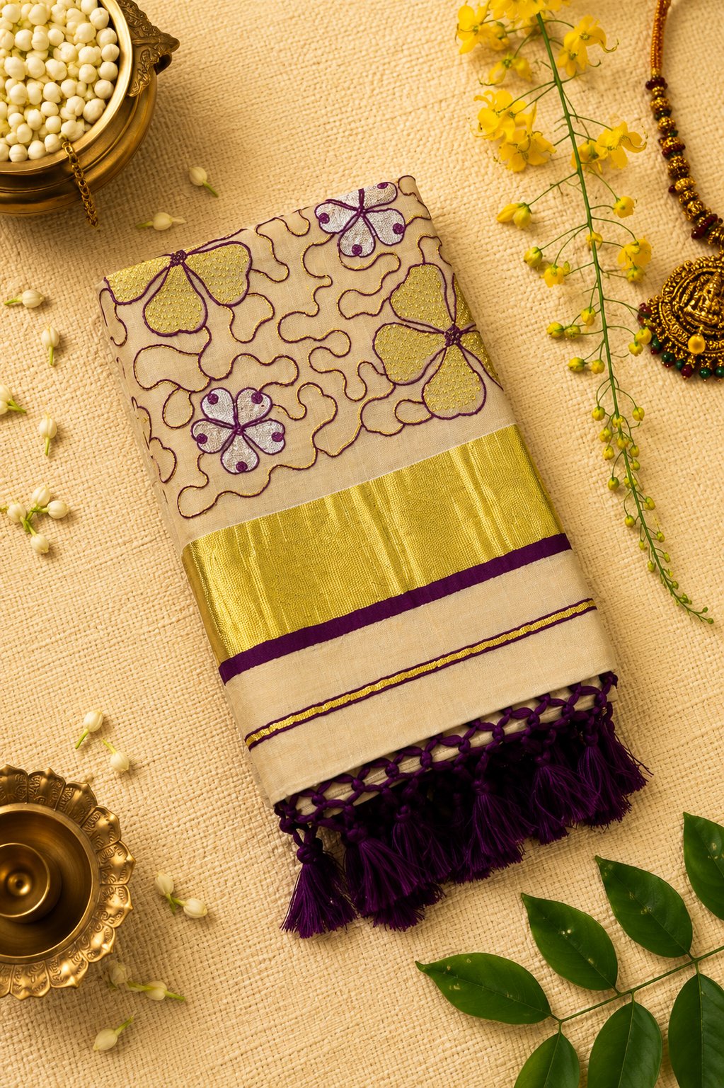 Purple Power Loom Set Saree
