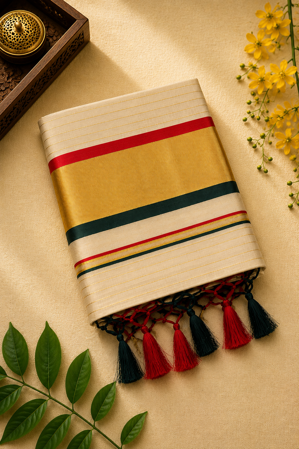 Bottle Green & Red Power Loom Set Saree