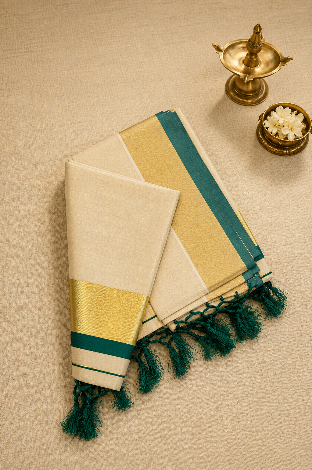 Green Power Loom Set Saree - Image 2