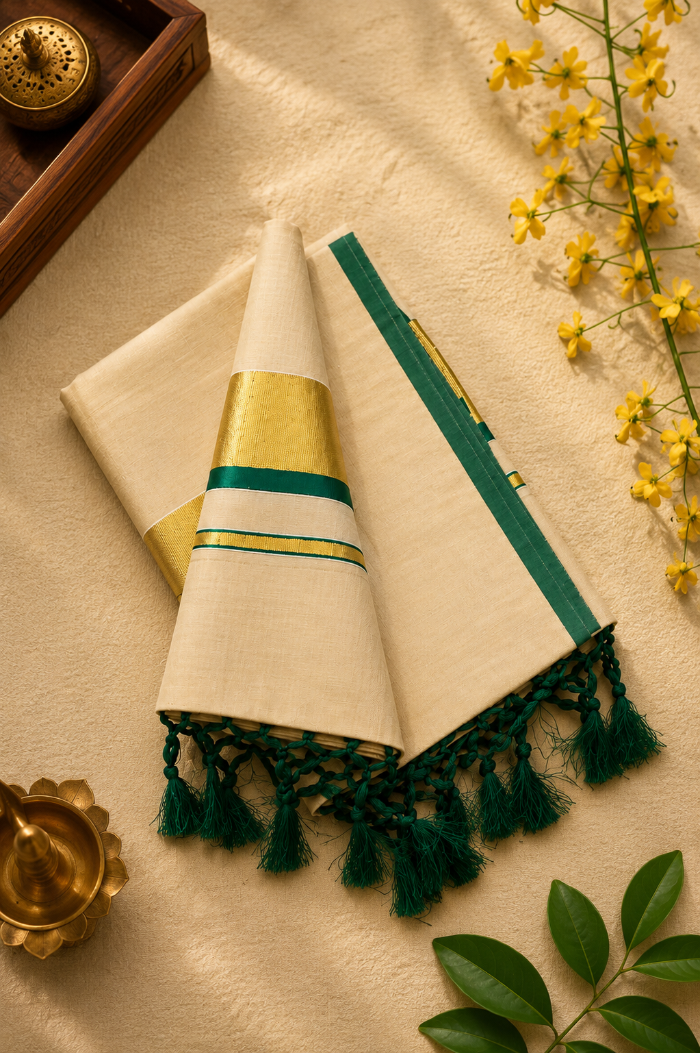 Bottle Green Power Loom Set Saree - Image 2