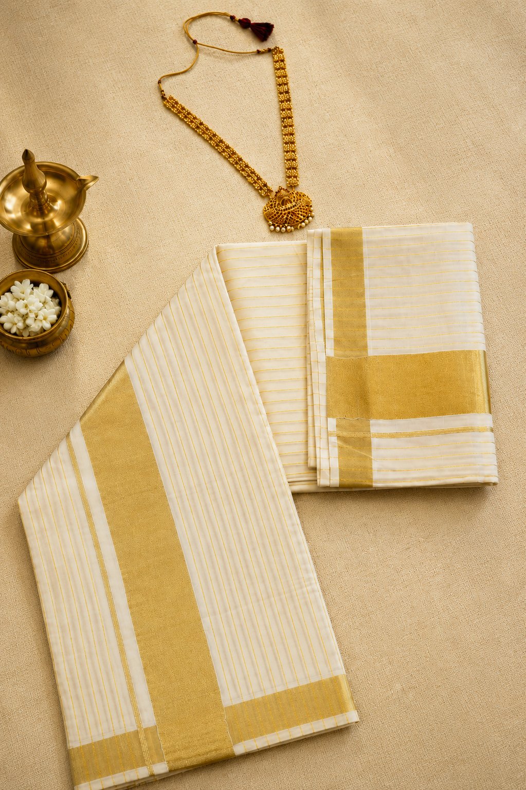 Golden Stripe Power Loom Set Saree - Image 2