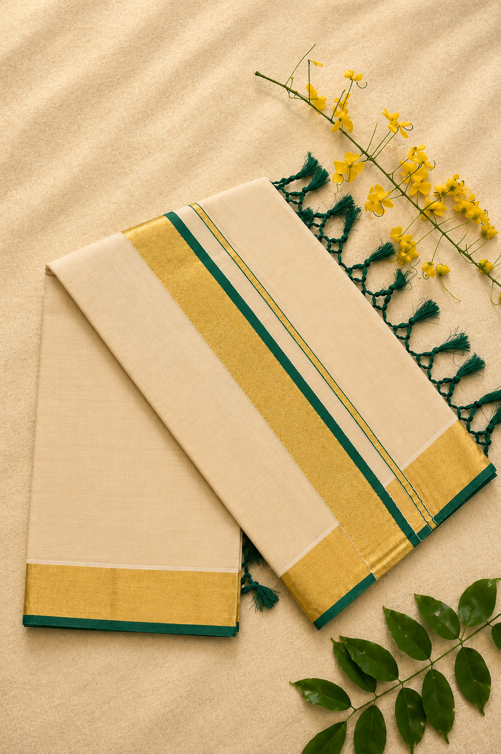 Bottle Green Power Loom Set Saree - Image 3