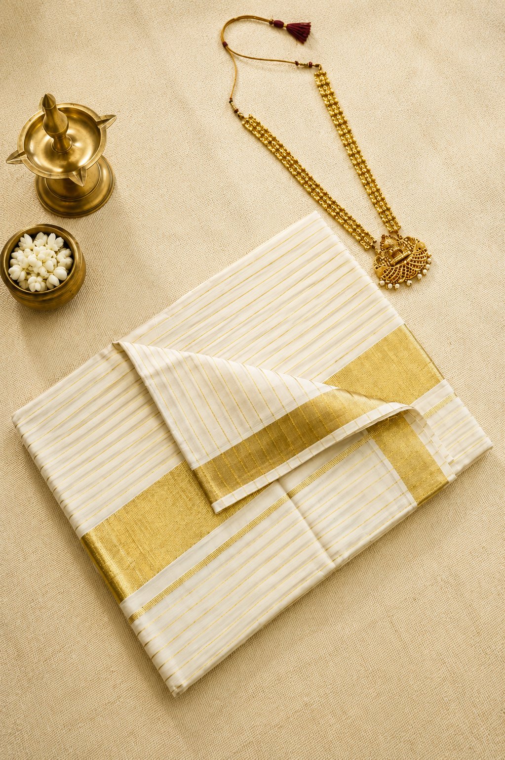 Golden Stripe Power Loom Set Saree - Image 3