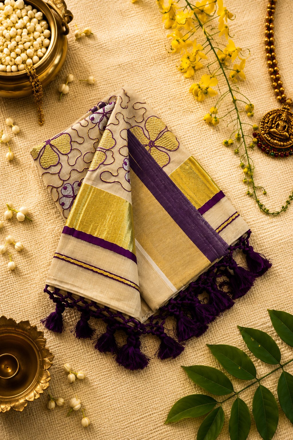 Purple Power Loom Set Saree - Image 2