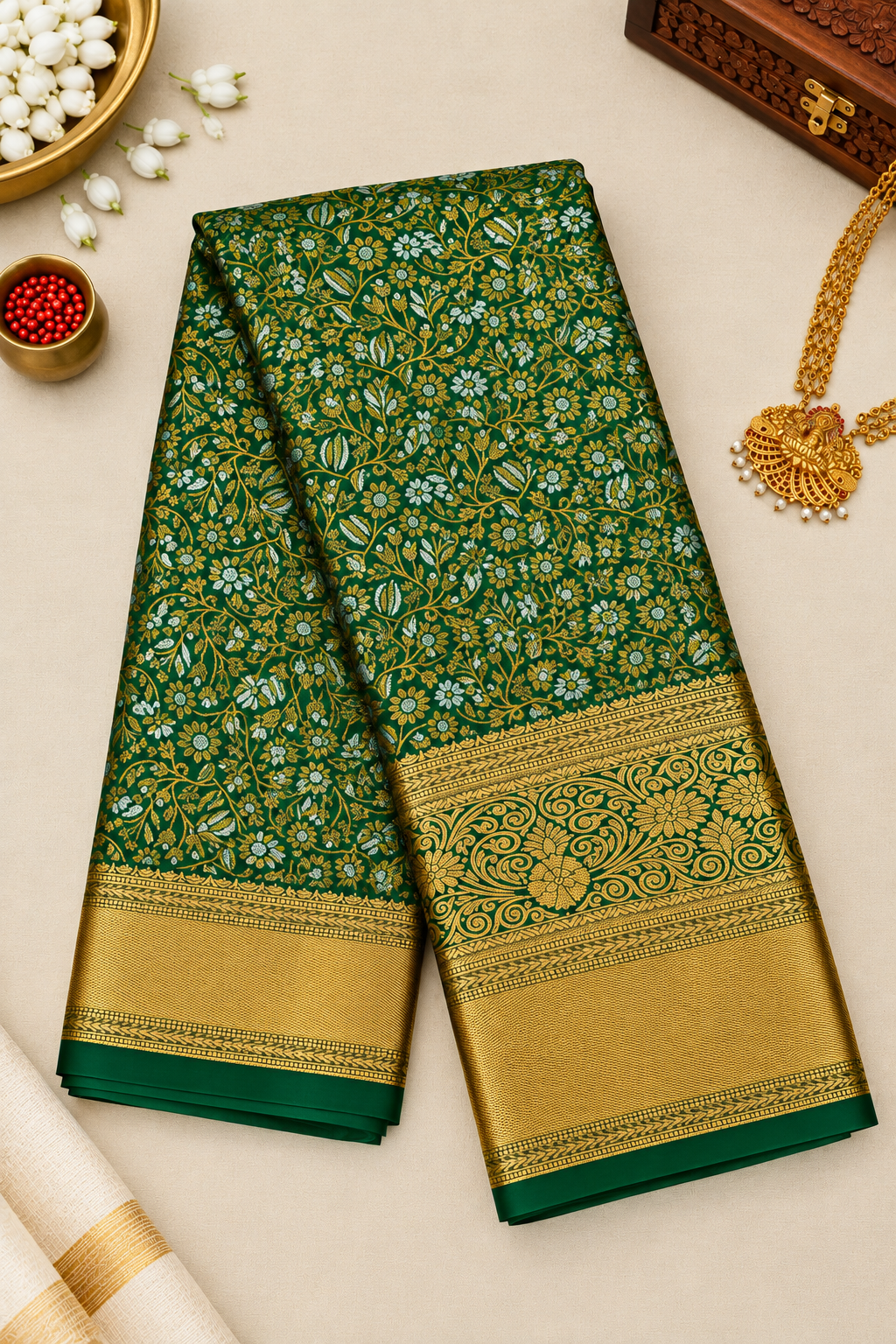 Bottle Green Brocade Silk Saree - Image 2