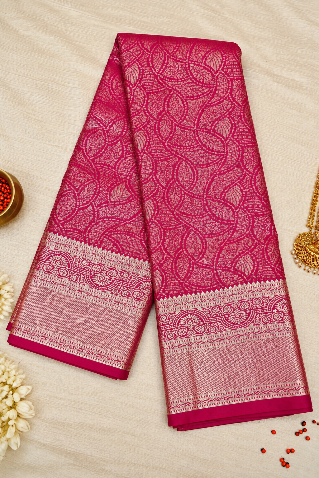 Rani Pink & Gold Brocade Silk Saree - Image 2