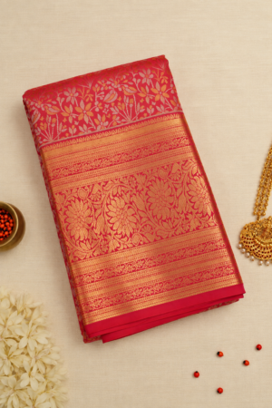 Coral Pink & Gold Brocade Silk Saree