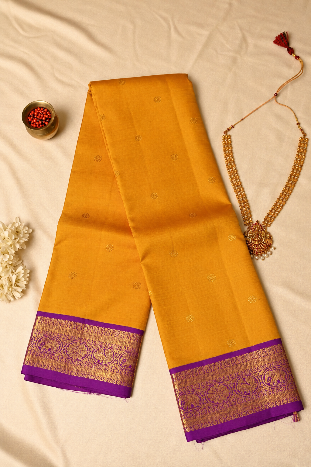 Mustard Yellow Pure Handloom Kanchipuram Silk Saree - Image 2