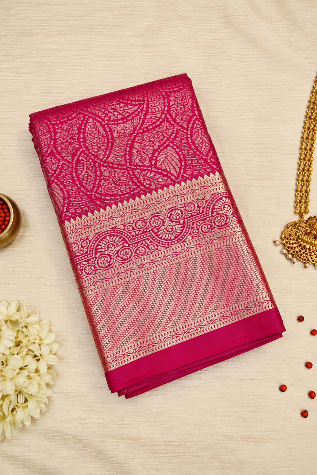 Rani Pink & Gold Brocade Silk Saree