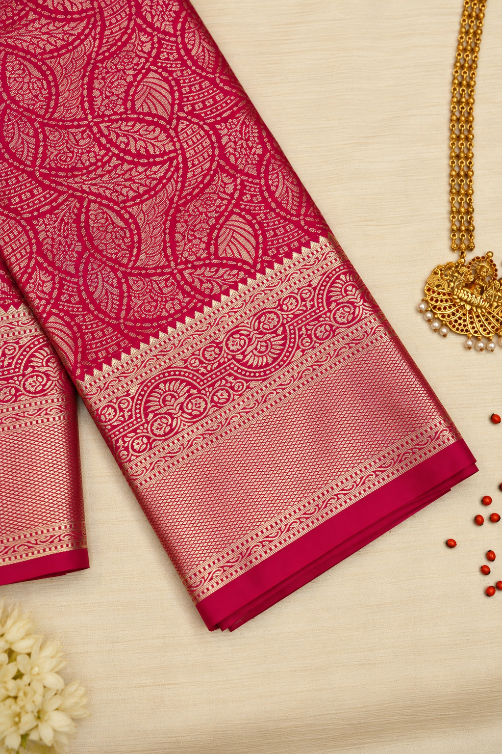Rani Pink & Gold Brocade Silk Saree - Image 3