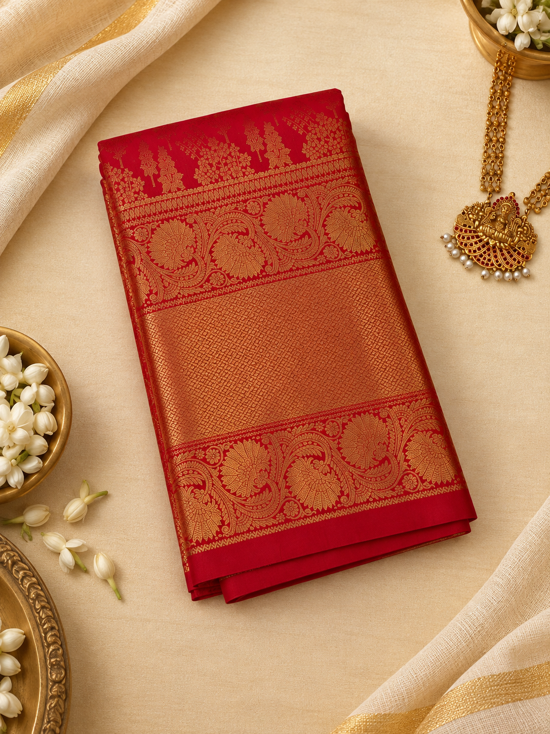 Crimson Red Brocade Silk Saree