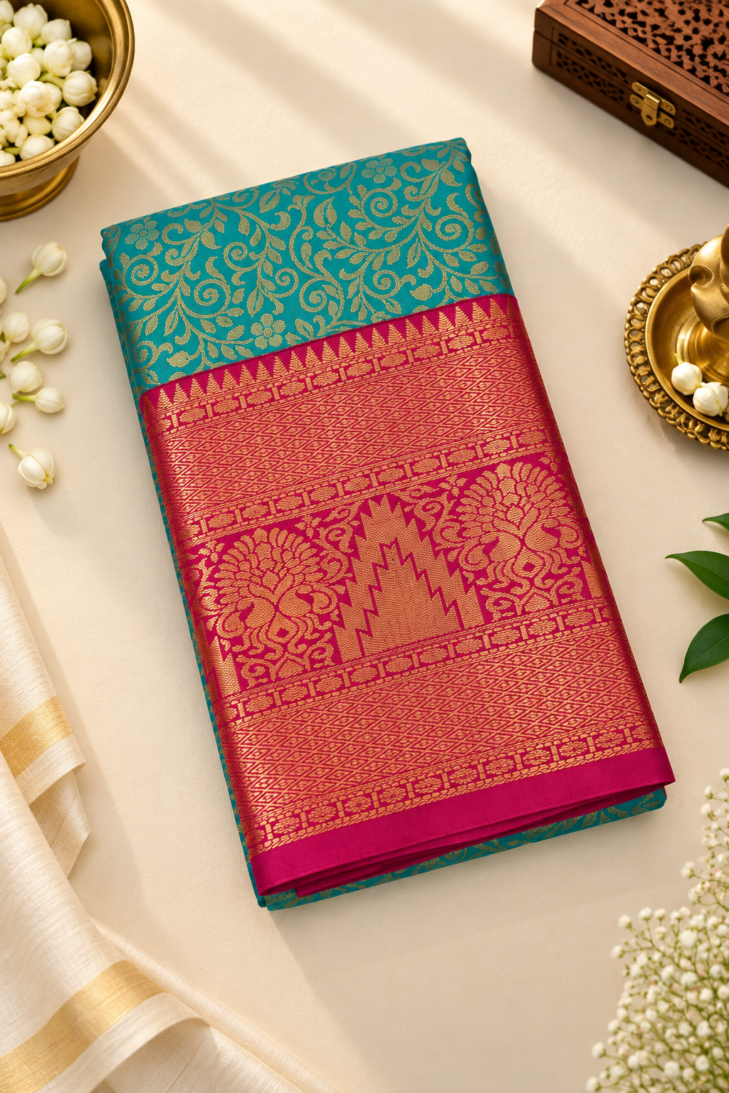 Teal Green Brocade Silk Saree