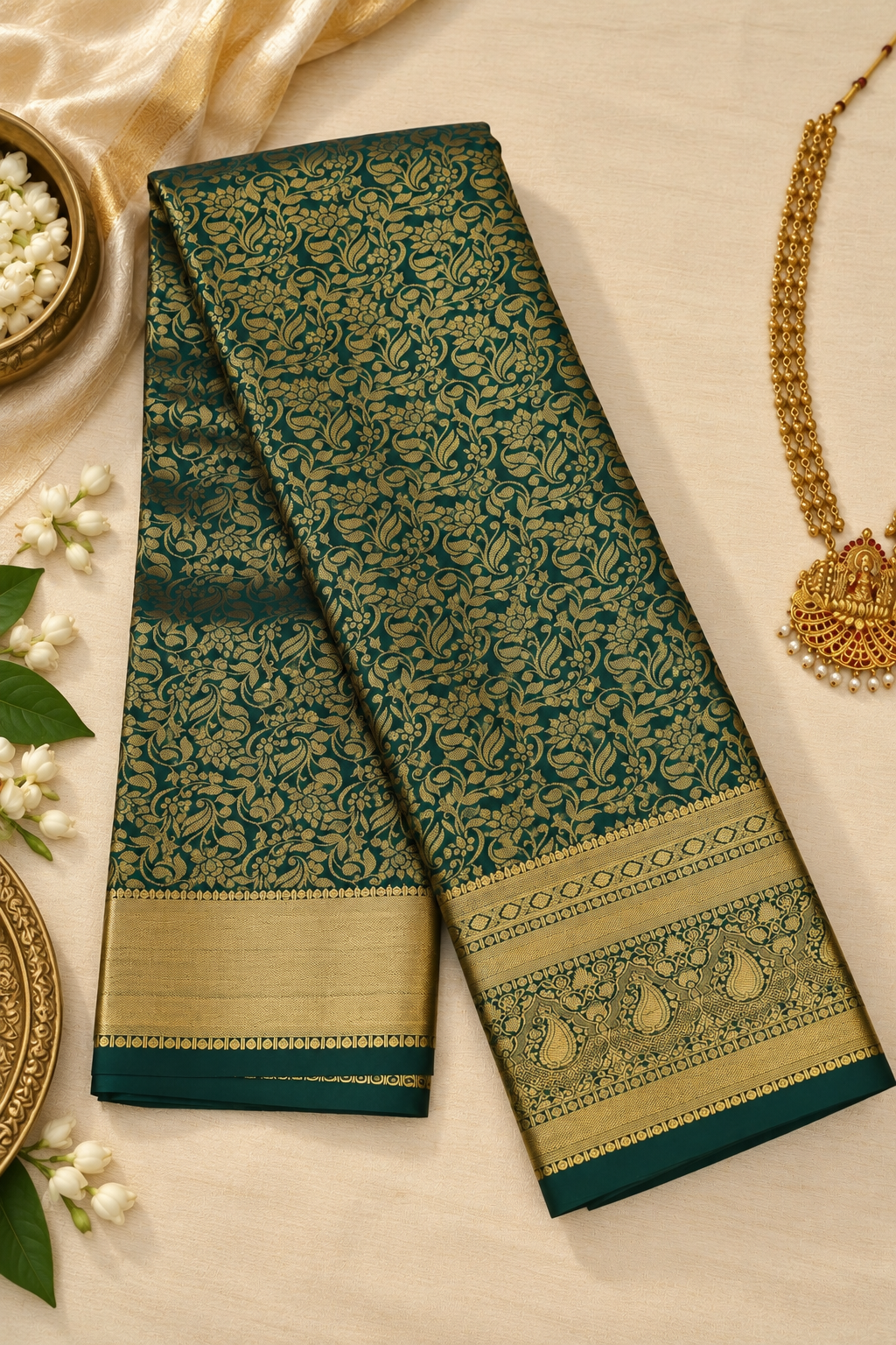 Bottle Green & Gold Brocade Silk Saree - Image 2