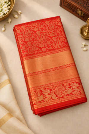 Coral Red Brocade Silk Saree