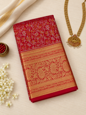 Ruby Red Floral Brocade Silk Saree