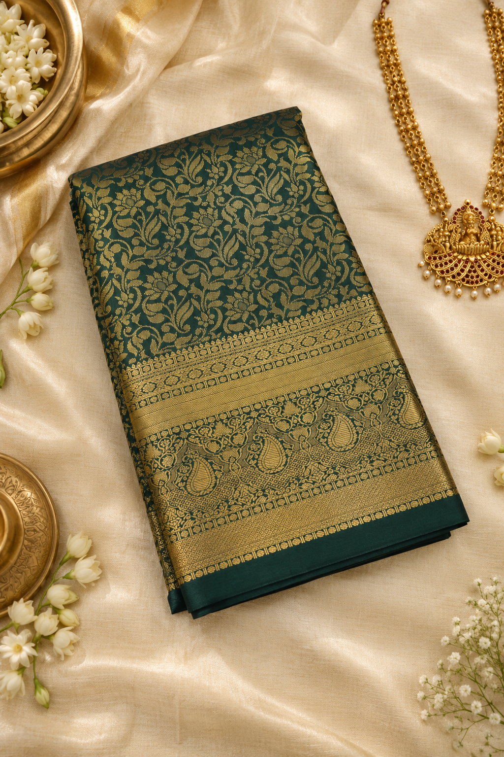 Bottle Green & Gold Brocade Silk Saree