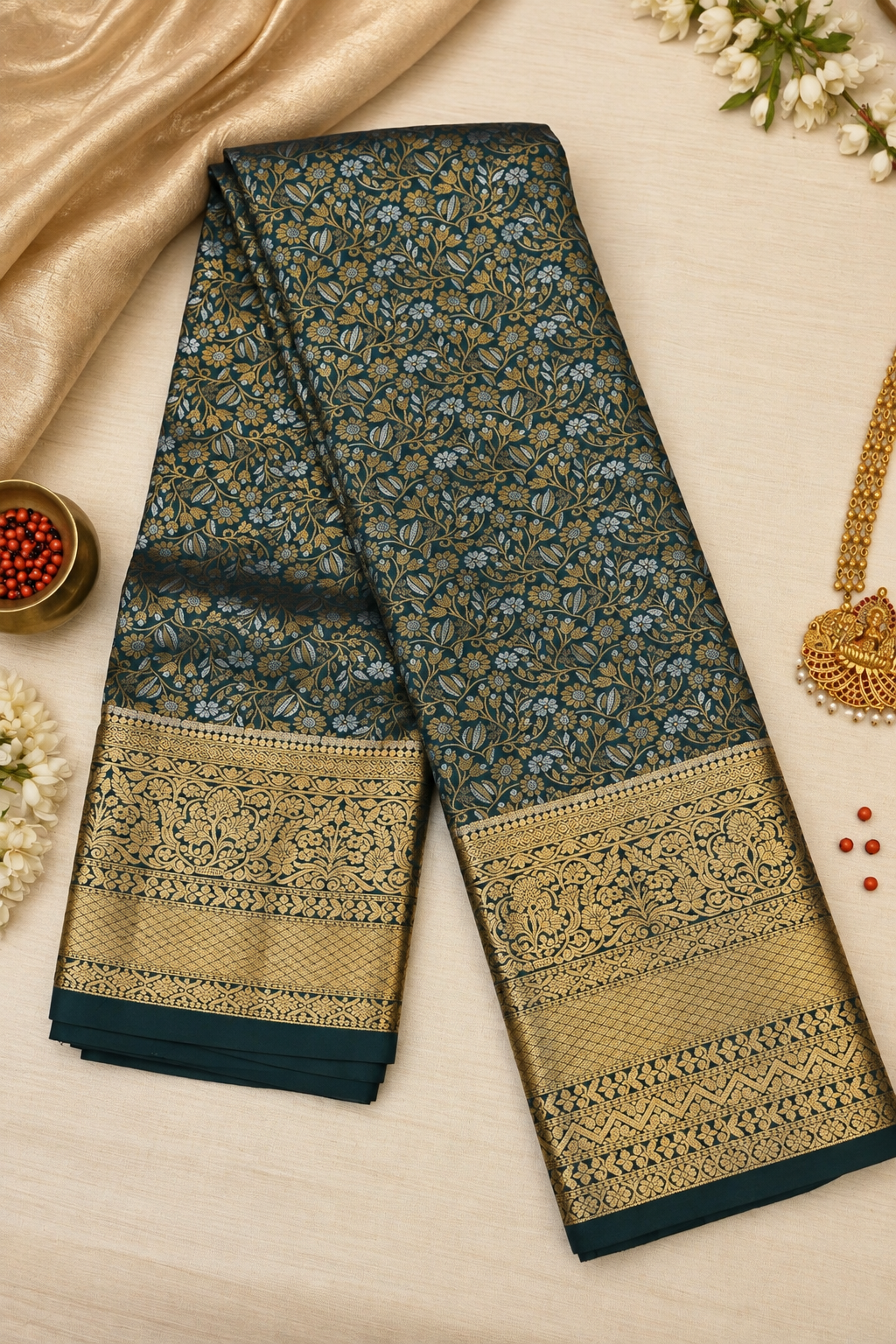 Midnight Teal & Gold Brocade Silk Saree - Image 2