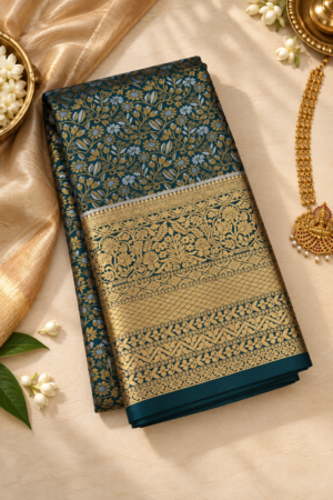 Midnight Teal & Gold Brocade Silk Saree