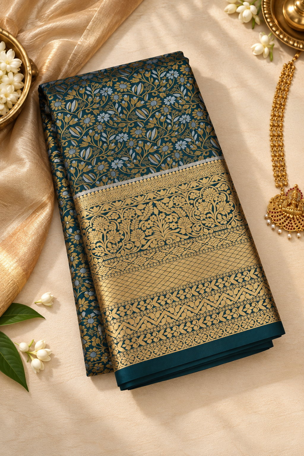 Midnight Teal & Gold Brocade Silk Saree
