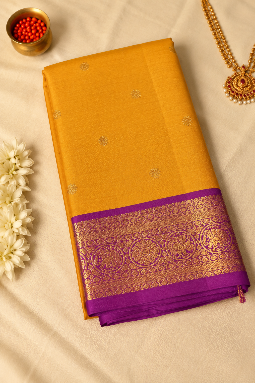 Mustard Yellow Pure Handloom Kanchipuram Silk Saree