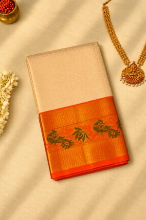 Cream Pure Handloom Kanchipuram Silk Saree