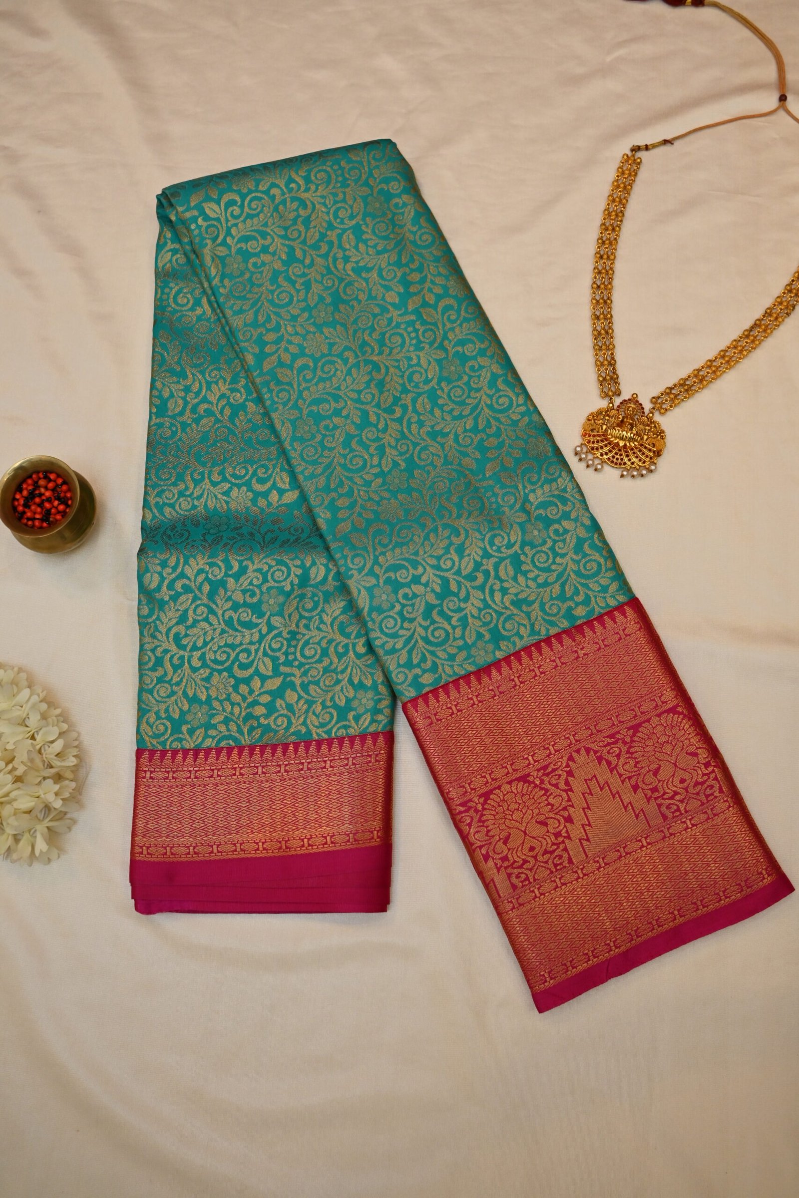 Teal Green Brocade Silk Saree - Image 2