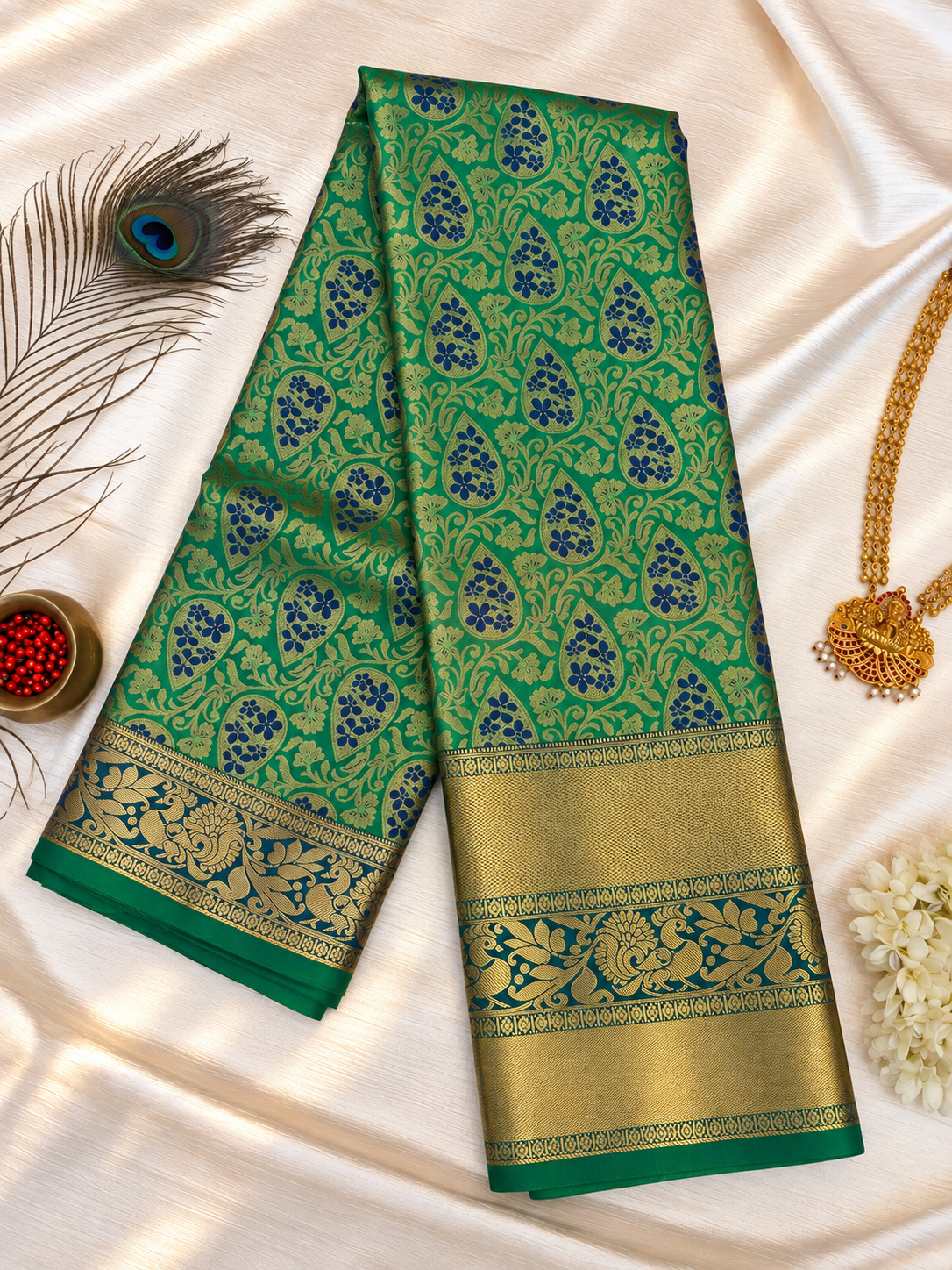 Emerald Green Brocade Saree - Image 2